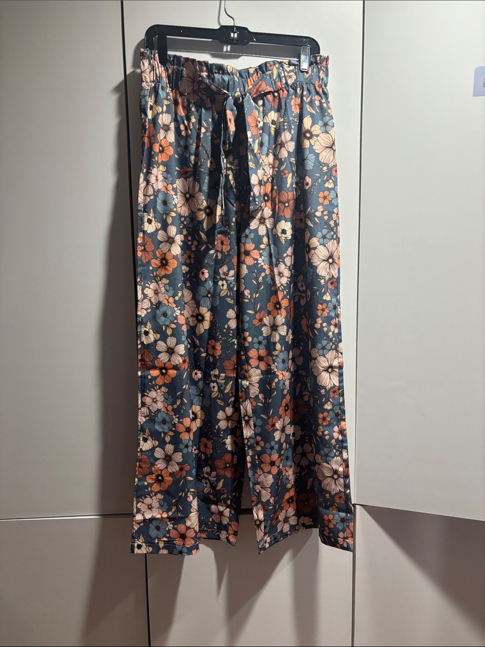Floral Wide-Leg Drawstring Pants in Blue Orange Neutral Tones size XL